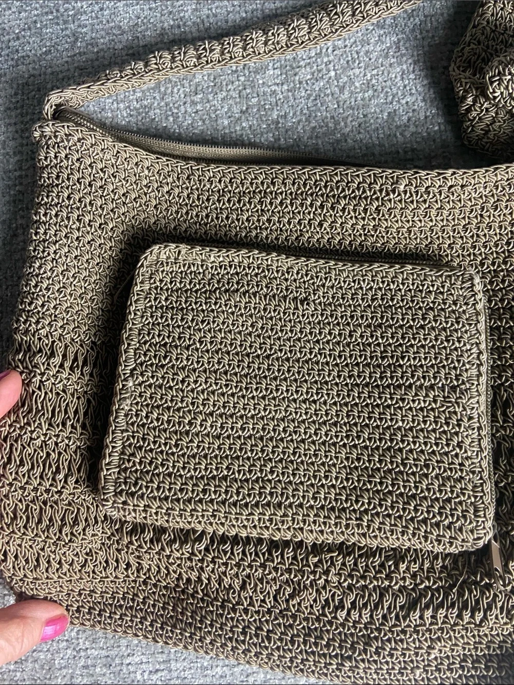 Handwoven Brown Crochet Crossbody Bag with Bead Accents